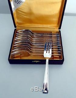 French Art Deco Boxed Set of 12 Ravinet DEnfert Dessert Forks'SUEZ' Pattern