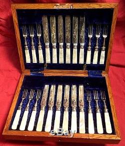 GORGEOUS VICTORIAN 24pc MOTHER OF PEARL & SILVER PLATE LUNCHEON CUTLERY SET