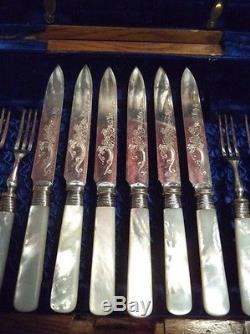 GORGEOUS VICTORIAN 24pc MOTHER OF PEARL & SILVER PLATE LUNCHEON CUTLERY SET