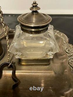GORGEOUS VICTORIAN SILVER PLATE INKWELL SET With Candle Snuffer 5X12X9