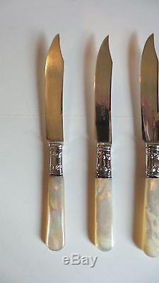 GREAT SET/6 ANTIQUE SILVER PLATE 6 FRUIT KNIVES with MOTHER-OF-PEARL HANDLES