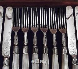HB&H 12 Pc CARVED Mother of Pearl Handle Chased Grape Dessert Set & Wood Chest