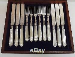 HB&H 12 Pc CARVED Mother of Pearl Handle Chased Grape Dessert Set & Wood Chest