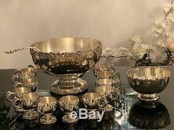 International Silver, Vintage Punch Bowl Set Grape 12 Cups, Ladle, Bowl (bonus)