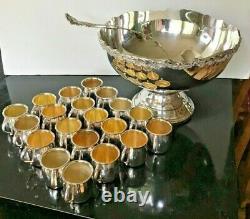 International Silver Vintage Punch Bowl Set Shell Matching 20 Cups & Dbl Ladle