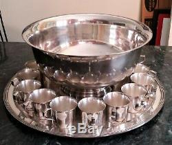 LARGE PUNCH SET BOWL 12 CUPS TRAY & WALLACE LADLE VINTAGE Paul Revere Style