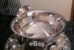 LARGE PUNCH SET BOWL 12 CUPS TRAY & WALLACE LADLE VINTAGE Paul Revere Style