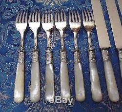 Landers Mother of Pearl Handled 12 Pc Luncheon Set withSterling Bands Quadruple