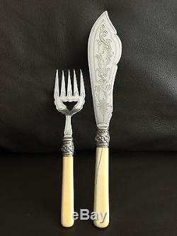 Large Ornate Antique Silver Plated Fish Knife & Fork Serving Set (13/33cm, 238g)