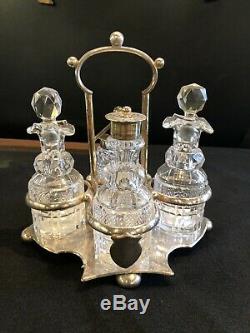 Late Victorian Crystal and Silver Plate Five Piece Cruet Set Oil Vinegar Shaker