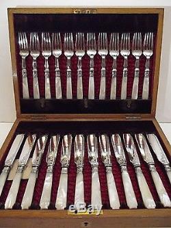 Lee & Wigfull 24 Pc CARVED Mother of Pearl Handle Chased FISH Set & Wood Chest