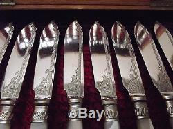 Lee & Wigfull 24 Pc CARVED Mother of Pearl Handle Chased FISH Set & Wood Chest