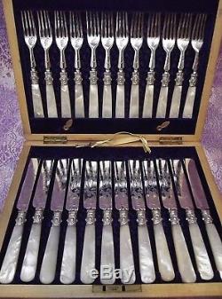 Lee & Wigfull 24 Pc Mother of Pearl Handled Etched Dessert Set & Wood Chest EX