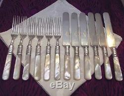 Meriden Cutlery Mother of Pearl Handled 12 Pc Fork & Knife Set Ornate Bands