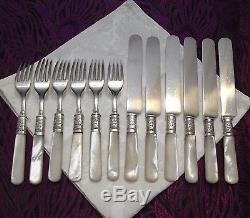 Meriden Cutlery Mother of Pearl Handled 12 Pc Fork & Knife Set Ornate Bands
