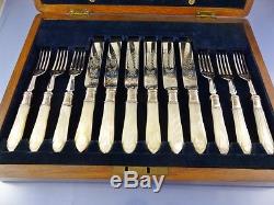 Mother Of Pearl Carved Handle Salad Or Dessert Cased Set 12 Places By Jss Eng