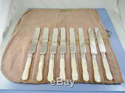 Mother Of Pearl Carved Handle Set Of 8 Dinner Knives Blunt Blade By Meriden Co