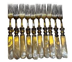 Mother of Pearl 10 Forks Set Tines Sterling Silver Large Heavy Ferrules 7.75