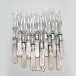 Mother of Pearl 12 Forks Set Silver Plated Tines Sterling Ferrules