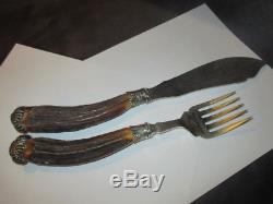 Old Sheffield Silverplate Capped Stag Horn Handle Fork Knife Serving Set