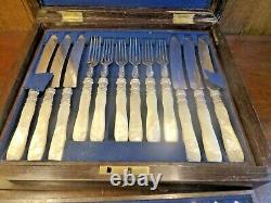 RARE BOXED 36pc 18prs SET silver plated KNIVES/FORKS MOTHER of PEARL HANDLES