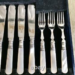 SET of Silver Plated Fish Cutlery Knives and Forks Mother of Pearl Handles Boxed