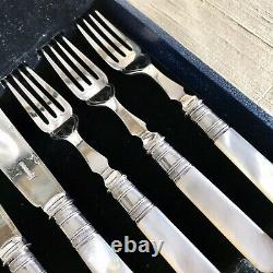 SET of Silver Plated Fish Cutlery Knives and Forks Mother of Pearl Handles Boxed