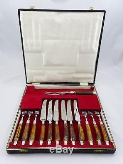 Superb Vintage J Dixon Stag Horn Handle Steak Knives Forks Cutlery Flatware Set