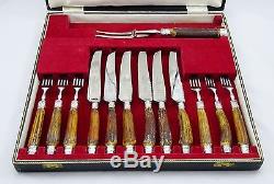 Superb Vintage J Dixon Stag Horn Handle Steak Knives Forks Cutlery Flatware Set
