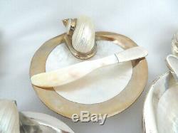 Set of 6 Mother of Pearl & Silver Plate Individual Caviar Dishes with Knives