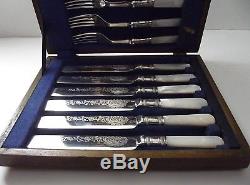 Sheffield 12 Pc Mother of Pearl Handled Ornate Etched Dessert Set & Wood Chest
