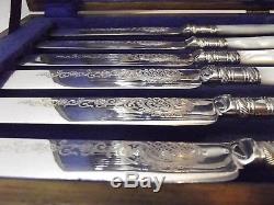 Sheffield 12 Pc Mother of Pearl Handled Ornate Etched Dessert Set & Wood Chest