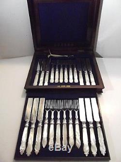 Sheffield 24 Pc CARVED Mother of Pearl Handle Flatware Set & Wood Chest