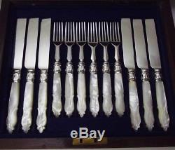 Sheffield 24 Pc CARVED Mother of Pearl Handle Flatware Set & Wood Chest