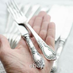 Soviet vintage silverware set of 12 Melchior 6 knives and 6 fork set, USSR 1970