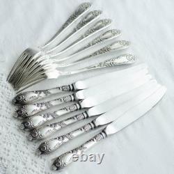 Soviet vintage silverware set of 12 Melchior 6 knives and 6 fork set, USSR 1970