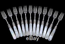 VERY FINE ANTIQUE 24pc STERLING SILVER & MOTHER OF PEARL LUNCHEON FLATWARE SET