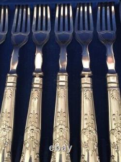 VGC Antique Victorian Oak Cased Canteen Silver Plate 24 Piece Set Fish Cutlery