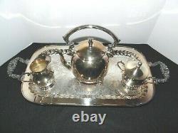 VTG. Silver On Copper Tea or Coffee Set Pot Creamer Sugar Tray