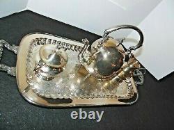 VTG. Silver On Copper Tea or Coffee Set Pot Creamer Sugar Tray