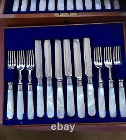 Victorian 12 Place Cased Dessert Set Mother Of Pearl & Silver Plate Atkin Bros