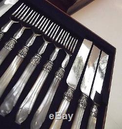 Victorian 36 Pc CARVED Mother of Pearl Flatware SetGrape Ferrules & Wood Chest