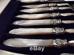 Victorian 36 Pc CARVED Mother of Pearl Flatware SetGrape Ferrules & Wood Chest