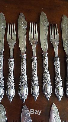 Victorian Thomas Prime & Son Silverplate Fish Set of 12 Forks & 12 Knives