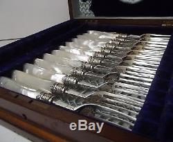 Victorian Walker & Hall 24 Pc Mother of Pearl Handle Flatware Set & Wood Chest