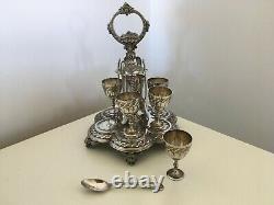 Victorian antique set of 6 egg cups with spoons on stand