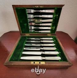 Vintage (6) Set Fork & Knife Mappin & Webb Mother Of Pearl Silverplate. Keyed Box