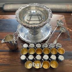 Vintage Antique Sheridan 27 Piece Sterling Silver Plated Punch Bowl Cup Tray Set