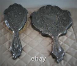 Vintage Art Nouveau Cherubs Vanity Mirror Brush Set Silver Plate