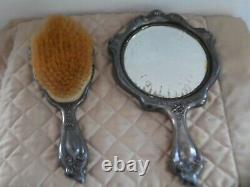 Vintage Art Nouveau Cherubs Vanity Mirror Brush Set Silver Plate